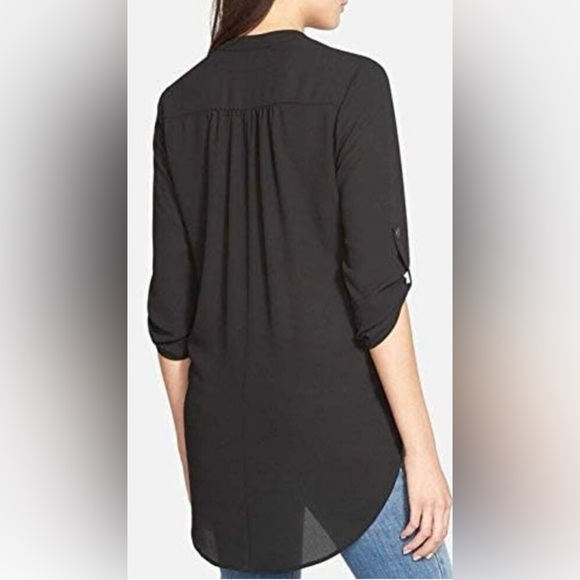 Lush Black Roll Tab Sleeve Henley Tunic Blouse Size Medium - Picture 2 of 8